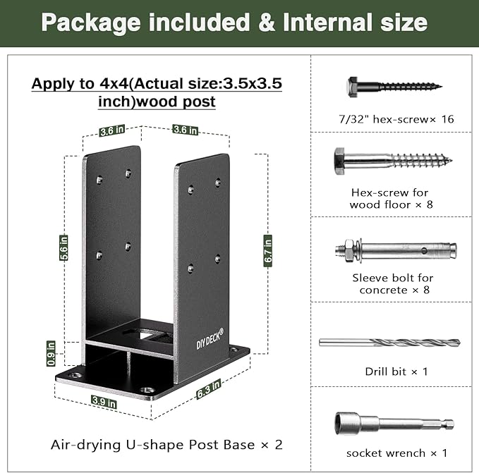 4x4 Wood Post Base (Internal Size 3.6" x3.6 ) Heavy Duty Stainless Steel Powder-Coated Post Anchor with Air Flow Channel Fence Post Anchor Base for Deck Railing, Pergolas, Fence Pillar, 2Pack