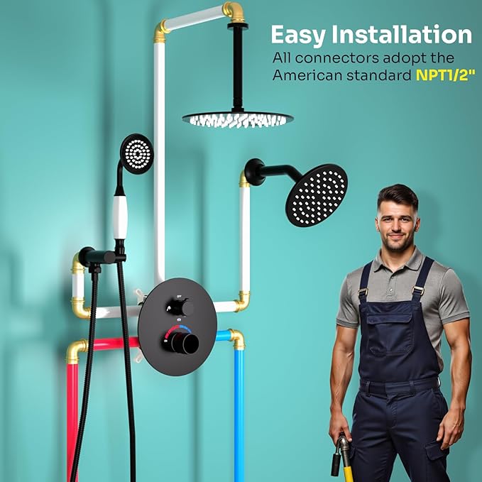 Temperature Display Shower Valve 3 Way Brass Rough-in Mixer and Round Trim Kit, Triple Function Digital Shower Diverter, Black