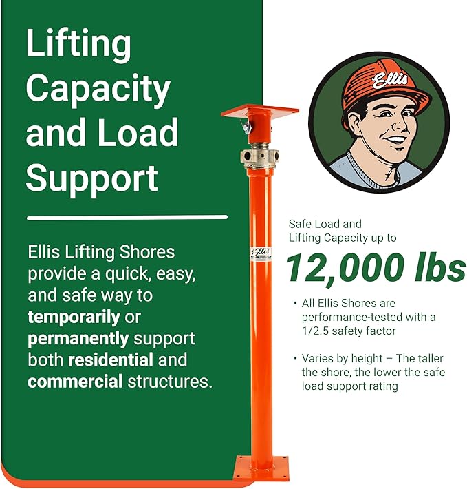 Ellis Manufacturing Light-Duty Steel Lifting Shore – Adjustable House Jack for Foundation, Beams, Floor Support, and Concrete Bracing – 12,000 lb Safe Load Capacity – 38"-62" Adjustment