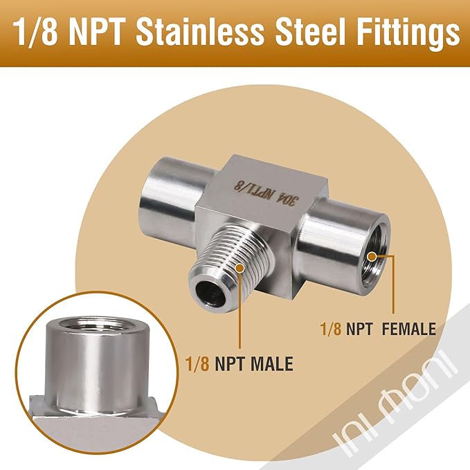 1/8 NPT tee pipe female × male × female thread 3 ways T pipe adapter, stainless steel forged tee connector, high pressure t shaped fitting for temp/oil pressure gauge, 4350 psi