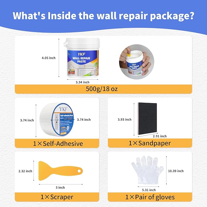 Drywall Repair Kit (18 oz) - Spackle Wall Repair Paste with Scraper & Self-Adhesive Mesh - Quick Dry, Waterproof Wall Mending Agent for Holes, Cracks, Nail Holes, Dents, Graffiti (White)