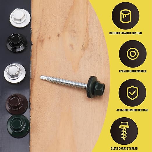 250pcs #10 x 1-1/2" Green Hex Head Self-Drilling Metal Roofing Screws, EPDM Washer, Colored Head, Sheet Metal Roof Screw with Hex Driver Bit