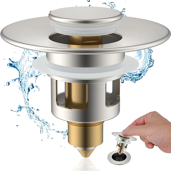 Hibbent All Metal Universal Bathroom Sink Stopper for 1.1''~2.3'' Basin, Pop Up Sink Drain Strainer, Brass Bullet Core Push Type Stopper, Stainless Steel Anti Clogging Drain Filter, Brushed Nickel