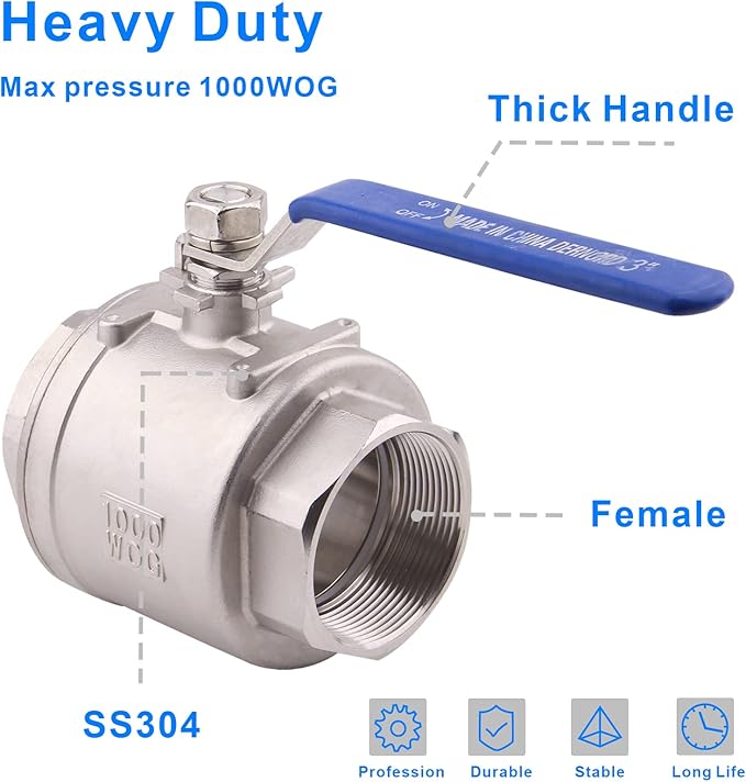 DERNORD Full Port Ball Valve Stainless Steel 304 Heavy Duty for Water, Oil, and Gas with Blue Locking Handles (3" NPT)
