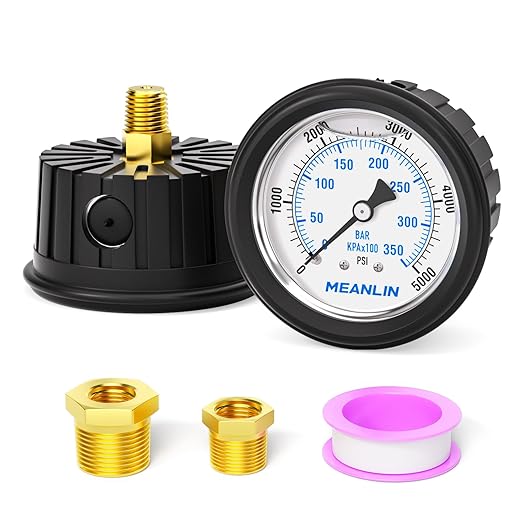 MEANLIN MEASURE 0~5000Psi Stainless Steel 1/4" NPT 2.5" FACE DIAL Liquid Filled Pressure Gauge WOG Water Oil Air Center Back Mount(with Rubber Protective Sleeve)
