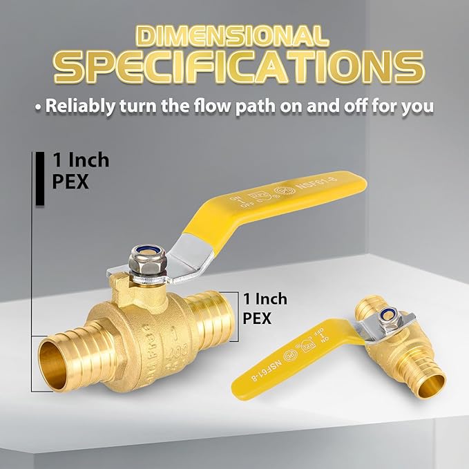 40-Pack Foskan 1 Inch PEX Crimp Full Port Ball Valve with Yellow Handle, Brass Quarter Turn Shut-off Valve for PEX Tubing