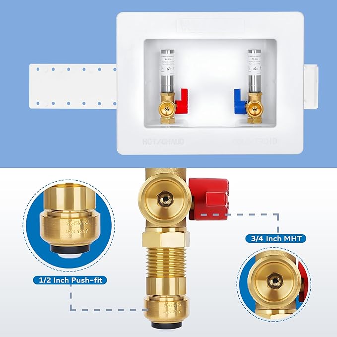 Premium Washing Machine Outlet Box, with Stainless Steel Water Hammer Arrestor, 1/2" Push-Fit x 3/4" MHT, Laundry Washer Valve Outlet Box with Clear Text Instructions