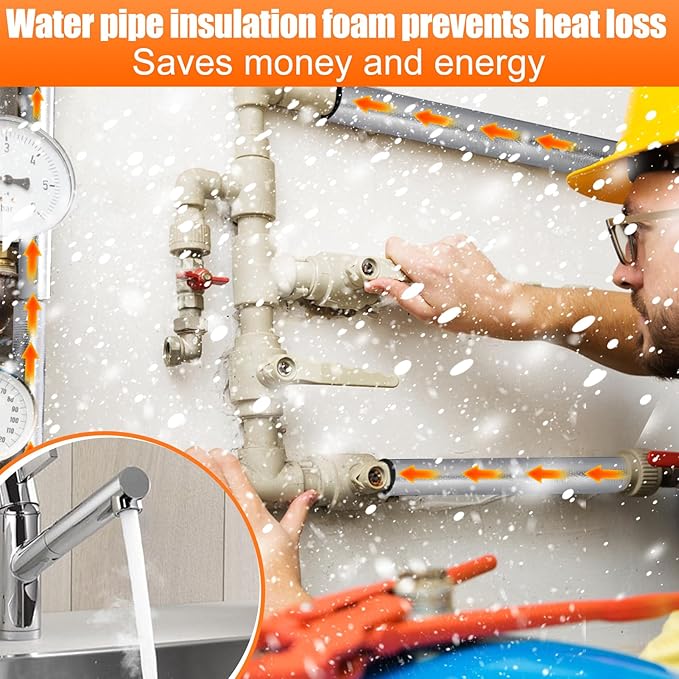 10.5ft Pipe Insulation Foam Tube for 1/2in Pipes - Pre Slit Duct Wrap with Aluminum Foil, for Outdoor Winter Cold Hot Water Pipe Winterizing Heat Preservation, Reduce Heat Loss Antifreeze 15.7"*8pcs
