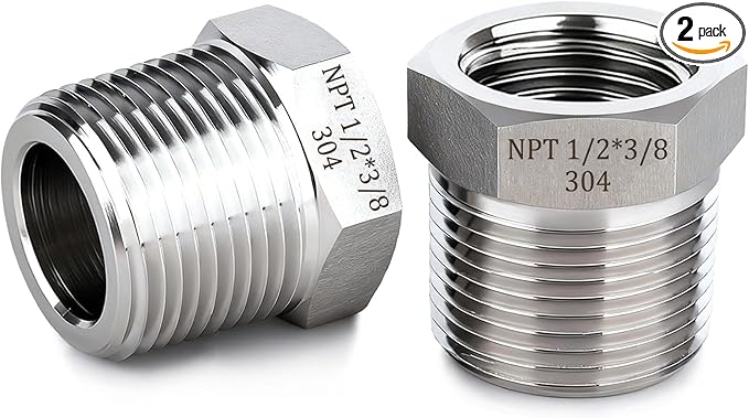 1/2" NPT Male to 3/8" NPT Female Reducer Bushing,2 Pcs 304 Stainless Steel NPT Reducing Adapter Pipe Fitting, Heavy Duty Pipe Hex Bushing for Reducing Pipe