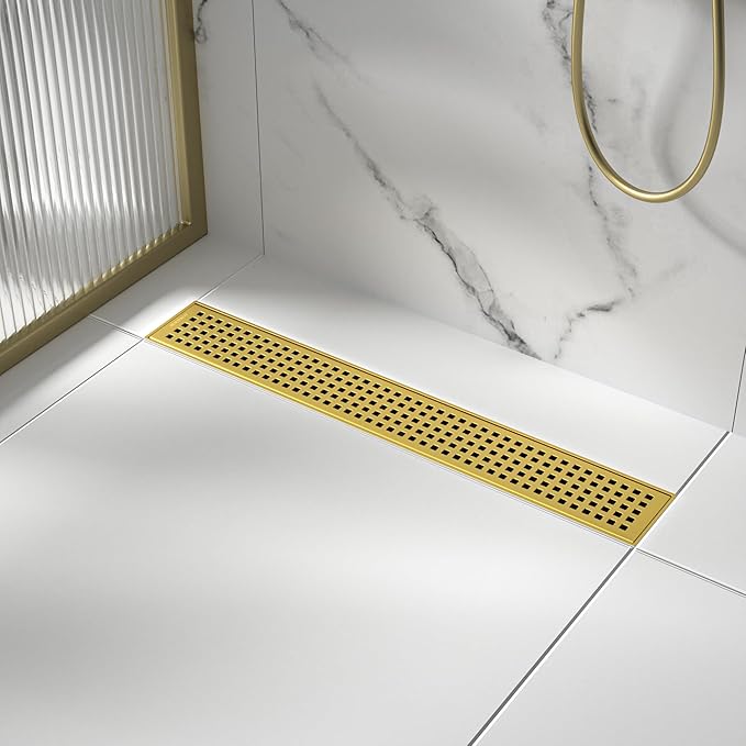 Linear Shower Drain 18", 304 Stainless Steel Floor Drain with Grid Drain Cover & Hair Strainer, Rectangular Shower Drain w/CUPC Certified, Brushed Gold