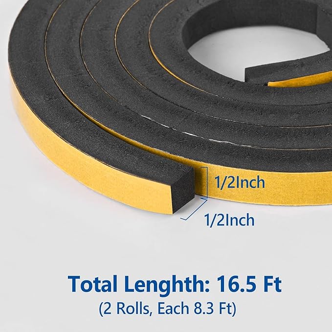Self Adhesive Foam Tape Weatherstrip 1/2in x 1/2in x 16.5Ft High Density Foam Insulation Strips Foaming Seal Weather Stripping with Strong Adhesive for Door and Window Sound Isolation Soundproofing