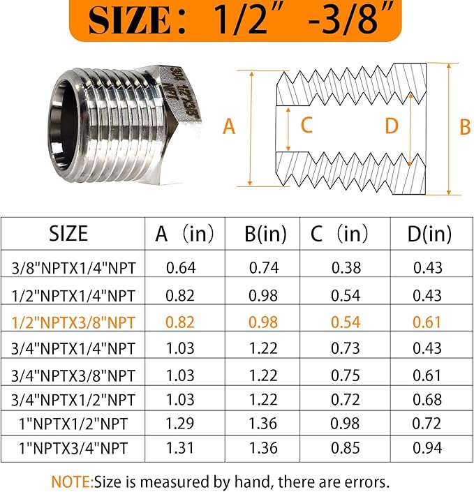 2 Pcs Stainless Steel Bushing 1/2" Male to 3/8" Female, 1/2" to 3/8" NPT Adapter Hex Stainless Steel Reducing Pipe Adapter Fitting Pipe Hose Tube Adapter Convert