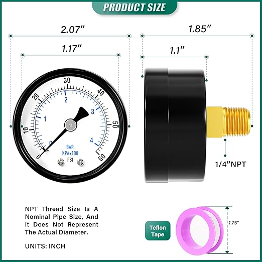 0-60psi Well Pump Pressure Gauge 1/4" NPT 2" Face Dial Size Back Mount, Multifunctional Practical Dry Pressure Gauge, for Water, Oil and Air Compressor