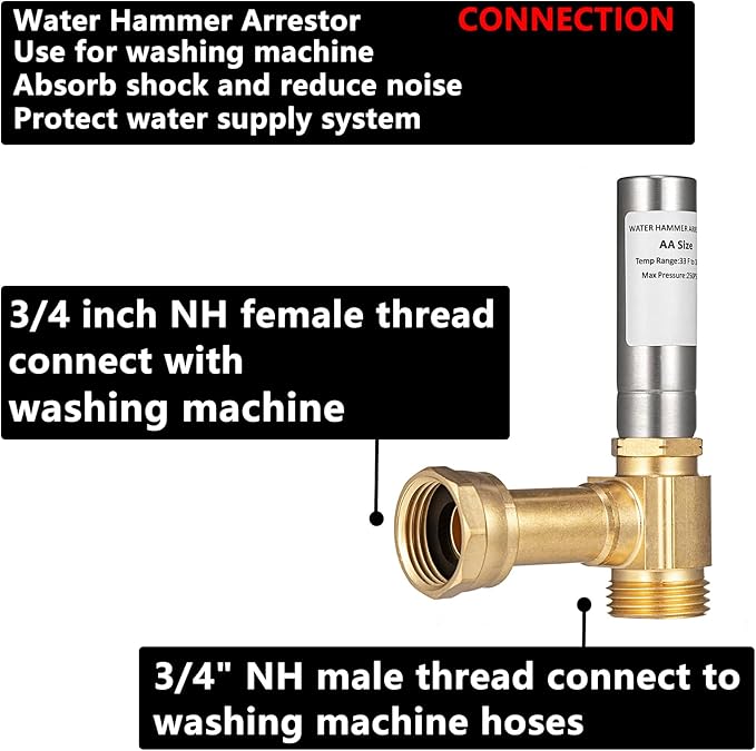 (2 Pack) Lidertik Water Hammer Arrestor for Washing Machine and 3/4 inch Garden Hose, Stainless Steel Chamber and 2 More Washers, Absorb Shock and Reduce Noise LI-XYJSC-BXG-A(2 PCS)