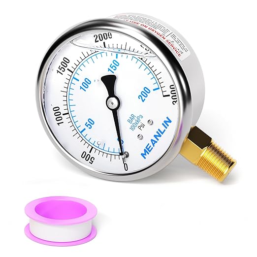 MEANLIN MEASURE 0~3000Psi Liquid Filled Pressure Gauge 1/4" NPT 2.5" FACE DIAL Stainless Steel Glycerin Filled WOG Water Oil Air Lower Mount