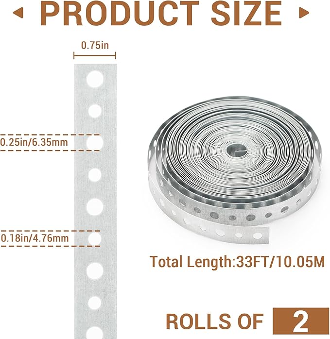 2Rolls Galvanized Metal Pipe Strap 3/4-Inch x 33-Feet 24-Gauge Pipe Hanger Strap Metal Strapping with Hole Securing Straps Pre-Punched with Gloves