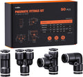 1/4" OD Push to Connect Fittings Kits –50PCS Air Line Connectors with Tee, Straight, Elbow, Splitters, Quick Connect Pneumatic Fittings, Push Lock Air Hose Fittings for Compressor, Air Tools & Tubing