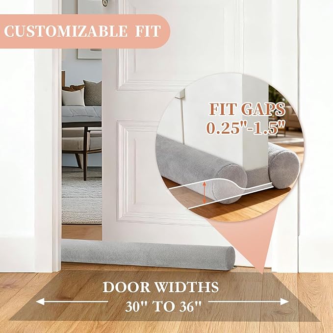 Adjustable Under Door Draft Stopper, 30"-36" Double Side Block Design, Windproof Seal,Noise Blocker, Blocks Cold Air, Draft, Dust, and Light -Grey