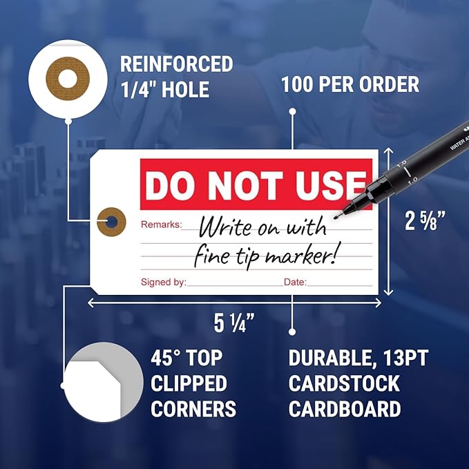 Tags 4 Less Production Quality Control Hang Tags – Equipment Preventative Maintenance Labels, for Easy Record-Keeping for Inventory Status (Do Not Use, Pack of 100)
