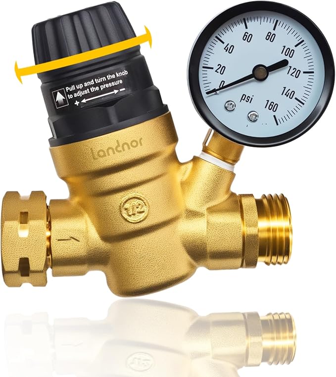 RV Water Pressure Regulator Valve With An Adjustable Knob, NO Tool Required, Brass Lead-Free Water Pressure Reducer with Gauge and Inlet Screen Filter for RV Camper Travel Trailer