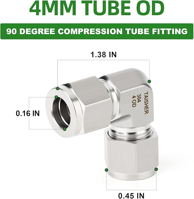 TAISHER 1PCS 304 Stainless Steel 90 Degree Compression Tube Pipe Fitting Connector, 4MM Tube OD x 4MM Tube OD Adapter