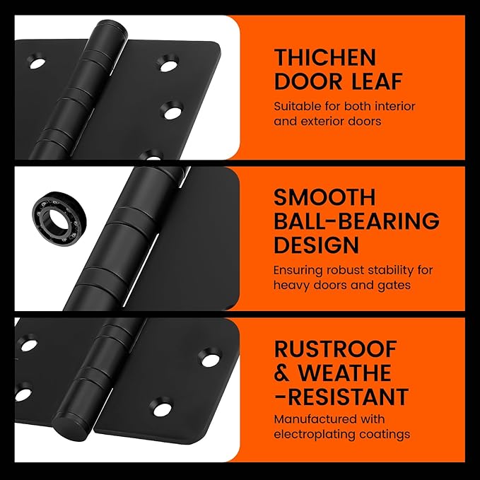 3Pack Haidms Black Door Hinges Heavy Duty Door Hinges Matte Black Ball Bearing Stainless Steel Hinges with 1/4" Radius Corner