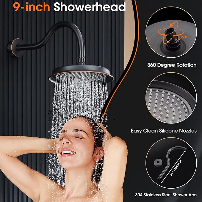 Oil Rubbed Bronze Shower System, Shower Faucet Set with Pressure Balance Valve, 9 inch Single-Function Rain Shower Head, Bathroom Shower Valve Trim Kit,High Pressure Shower Fixtures(WT-9817ORB)