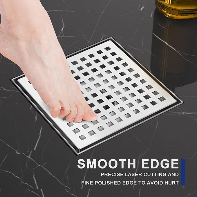 Square Shower Drain | 6 Inch AISI 304 Stainless Steel Shower Drain Kit with ABS Flange, Hair Strainer, Brushed Nickel Shower Floor Drain with Removable Grid Cover, in Bathroom, Kitchen, Balcony etc.