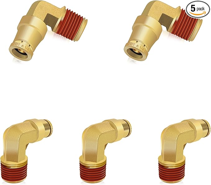 Siptenk 1/4" Elbow DOT Brass Push to Connect Air Line Fittings 5 PCS, 1/4" OD Tube x 1/4" NPT Thread Air Brake Line Quick Connect Fittings for Truck Trailers Industry Air System