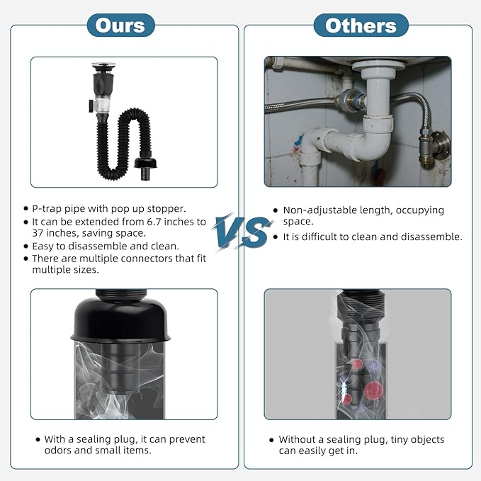 iFealClear Bathroom Sink Drain Kit, Flexible P-Trap Drain Pipe with Pop Up Stopper, Sink Pipe Replacement with 2 Adapters, Fits 1-1/4'', 1-1/2'', 2" Holes, Big Cover Cap, Brass Bounce Core, Chrome