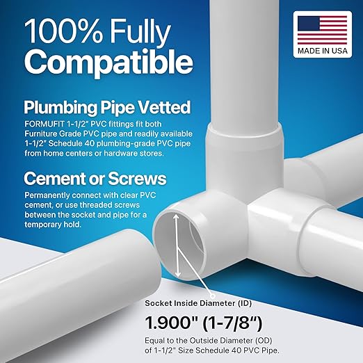 FORMUFIT 1-1/2” 4-Way Tee Furniture Grade PVC Fitting in White, Made in USA, UV-Resistant, Impact-Proof, 1.900” Actual Socket Diameter (Pack of 4) - F1124WT-WH-4