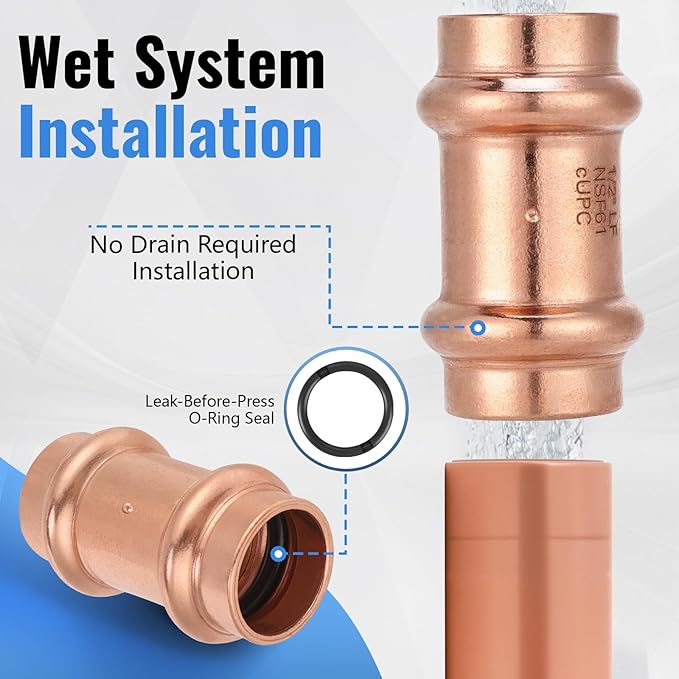(12 Pack YVSKM) 1/2" Press Coupling with Stop, Lead-Free Fittings for 1/2 Inch Copper Pipe, Durable No-Solder Connection for Water, Heating, and Cooling Systems, Corrosion-Resistant Pipe Connector