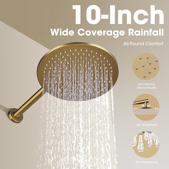 TRUSTMI Brushed Gold Shower System Pressure Balance 10 Inch Rainfall Shower Set with Brass Rough-In Diverter Valve and Trim Kit, Wall Mounted