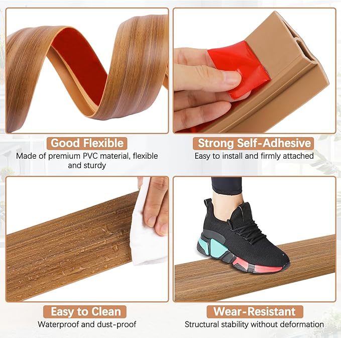 Vinyl Door Threshold Flooring Transition Strip Self Adhesive Carpet Edging Strip for Laminate Doorway Edge Threshold from 3/5" to 4/5" (Light Brown Wood Grain, 10 Ft)