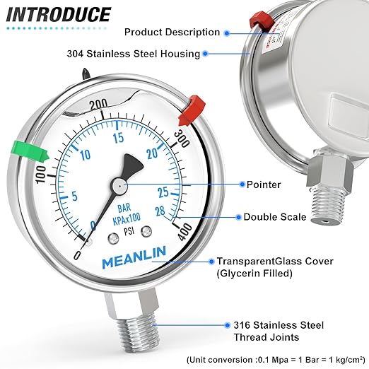 MEANLIN MEASURE 0~400Psi Stainless Steel Liquid Filled Pressure Gauge 2.5" FACE DIAL 1/4" NPT for Air Compressor Air Regulator Water Filter Lower Mount with Stainless Steel Hex Bushing and Snaps