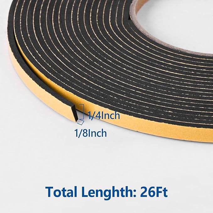 Kikerike Self Adhesive Foam Tape Weatherstrip 1/4In x 1/8In x 26Ft High Density Foam Insulation Strips Seal Weather Stripping with Strong Adhesive for Door and Window Sound Isolation Soundproofing