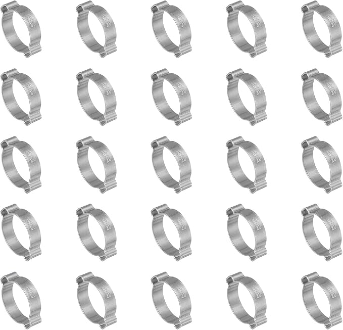 PATIKIL 25 Pack 25-28mm Double Ear Hose Clamp, 304 Stainless Steel O Clip Crimp Rings for Fuel Petrol Pipe Tube Fitting Connections, Silver Tone