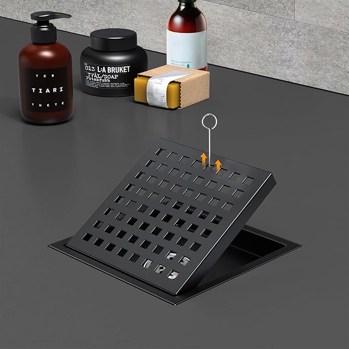 6 Inch Square Shower Floor Drain with Removable Cover Grid Grate, SUS 304 Stainless Steel, Watermark&CUPC Certified, Chrome Finishedt (Black, 6 in)