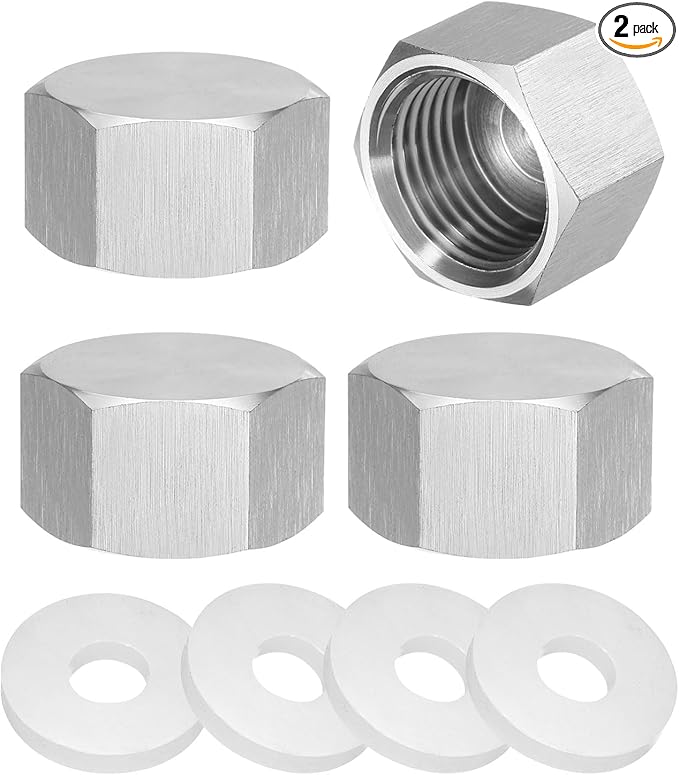 uxcell 2pcs Hex End Cap 304 Stainless Steel Nut with Washer, PT 1/2" Female Thread Pipe Fitting, Gas Line Water Line Stop Valve Cap Tubing Ends for Plumbing Fittings, Silver Tone