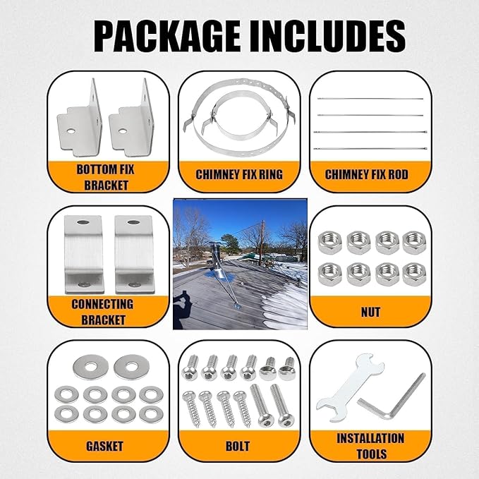 Extended Roof Bracket Kit, Supports 6 -14 inch Chimney Stove Pipe for Stability, Adjustable Extended Roof Brace for Securing 6"-14" Diameter Stove Pipe Silver, Adjustable Legs Mounting Brackets