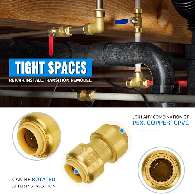 SUNGATOR 1/2 Inch Coupling, Push Pex Fittings 1/2 Inch, 1/2" Straight Coupling, No Lead Brass Push-to-Connect Fittings for Pex Pipe, Copper, CPVC, with 1 Disconnect Clip, Pack of 12