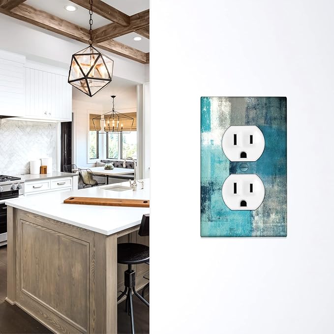 Turquoise Grey Duplex Electrical Outlet Wall Plate Decortive Teal Light Switch Cover Abstract Art Wall Plate Cover Wallplates for Bedroom Kitchen Home Decor
