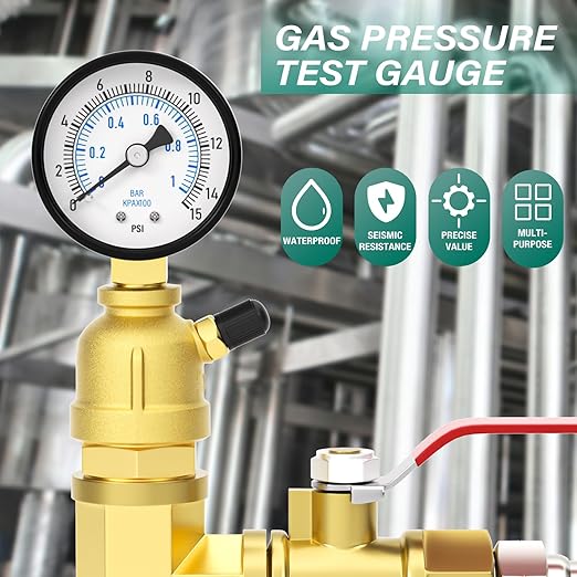0-15PSI Air Test Pressure gauges, 2" Double Graduated Dial, 3/4" FNPT Forged Brass Bell Shape Body Assembly, 1/8" NPT Air Bleeding Valve, for Pressure Testing on Home Gas Line