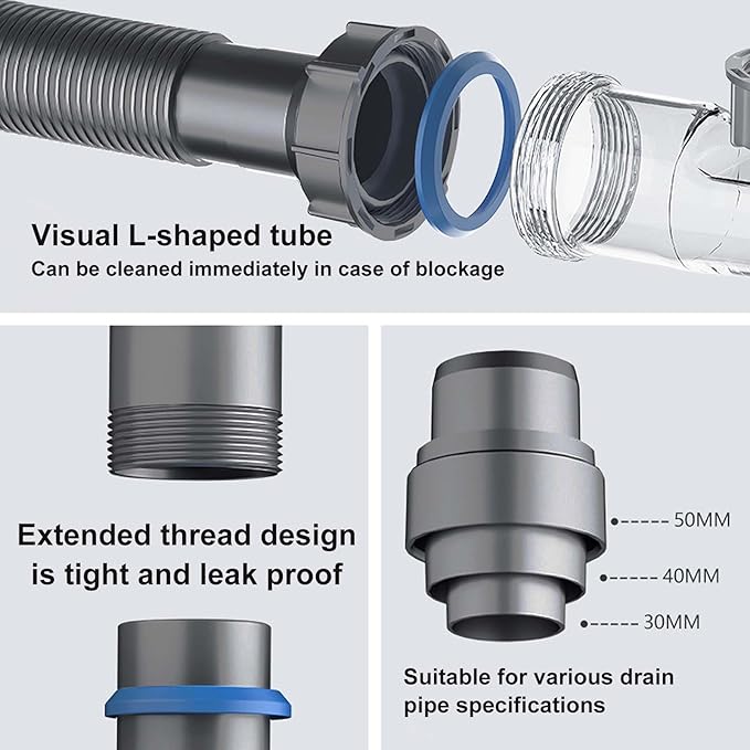 Double Sink Drain Kit Space Saving Kitchen Sink Drain Kit Expandable Flexible 1 1/2" P-Trap Pipe 3-1/2 Inch Sink Drain Assembly Kit with 4-Way Fitting Adapter for Dishwasher