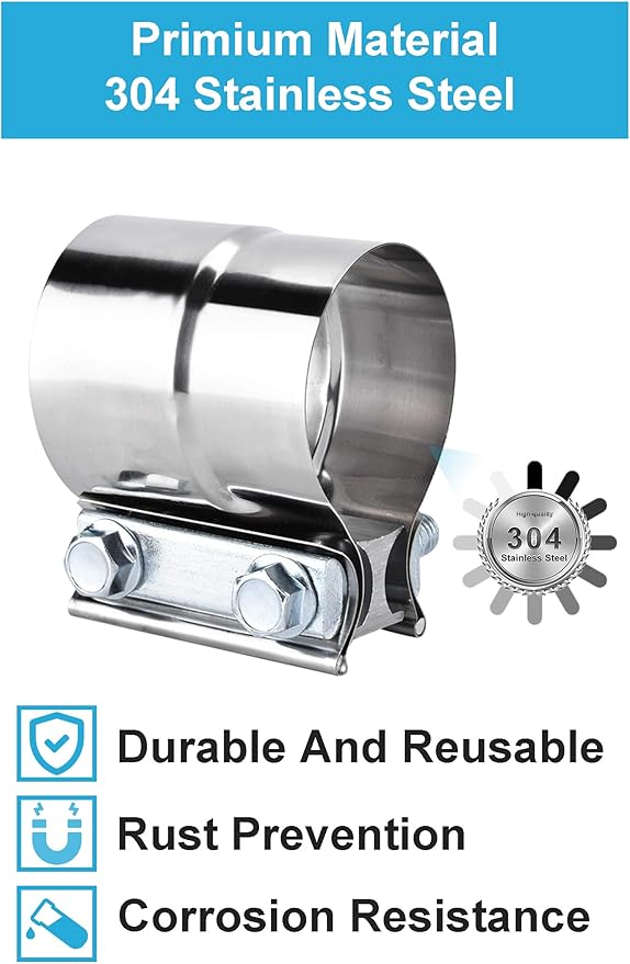 2.5 Inch Exhaust Clamps 2 Packs,2 1/2in Lap Joint Band Clamp 304 Stainless Steel for Muffler Pipe Repair,Catalytic Converters