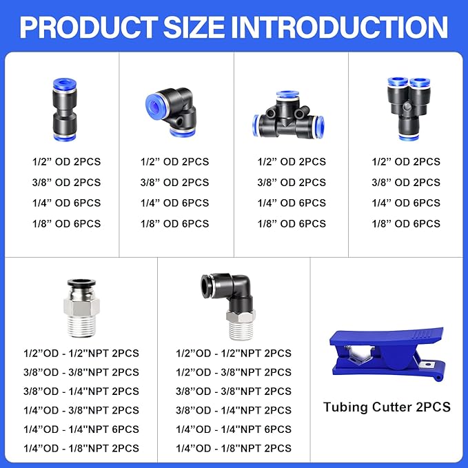TAILONZ PNEUMATIC 1/4"3/8"1/2"1/8" Push to Connect Fittings Air Hose Fittings,Threaded Connection Kits, Suitable for Nylon Tube PU Tube Air Tube and Other Connection Kits（Pack of 98）