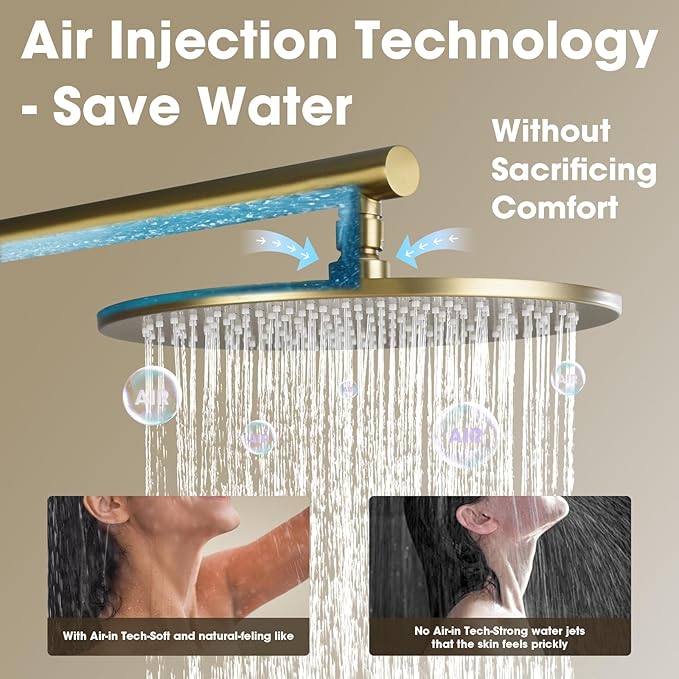 TRUSTMI Brushed Gold Shower System Pressure Balance 10 Inch Rainfall Shower Set with Brass Rough-In Diverter Valve and Trim Kit, Wall Mounted