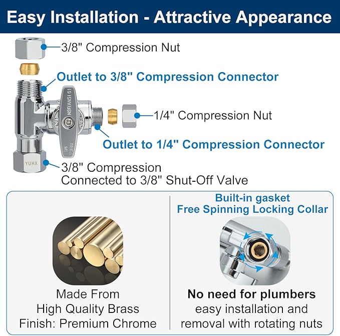 Brass Angle Stop Add-A-Tee Valve, 3/8 x 3/8 x 1/4 Compression Tee Valve,Feed Water Adapter for Refrigerators, Ice maker, Reverse Osmosis,RO Water Filter Systems, 3 Way Diverter Water Line Splitter