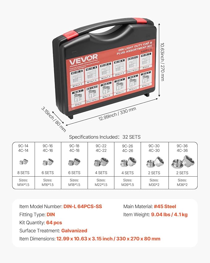 VEVOR 64 PCS DIN Hydraulic Fittings, Heavy Duty Master Industrial Hydraulic Cap and Plug, Hose Tube and Pipe Fitting Kit, Cap and Plug Kit with Precision Threading, Dash Sizes 14/16/18/22/26/30/36