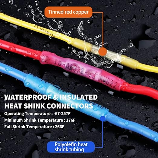 200 Pcs Blue Heat Shrink Butt Connectors, 16-14 AWG Waterproof Electrical Crimp Terminal Splice Wire Connectors for Marine, Automotive, Cable, Wiring